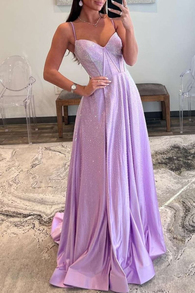 Adrianna | Strapless Lilac Corset A - Line Prom Dress with Rhinestones - KissProm