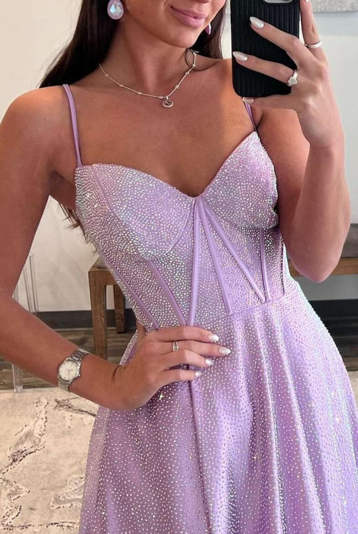 Adrianna | Strapless Lilac Corset A - Line Prom Dress with Rhinestones - KissProm