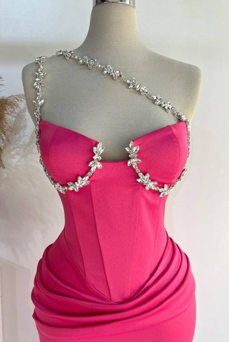 Raina | Hot Pink One Shoulder Rhinestones Pleated Long Prom Dresses