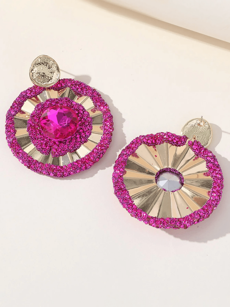 Fuchsia Flower Rhinestones Round Earrings - KissProm