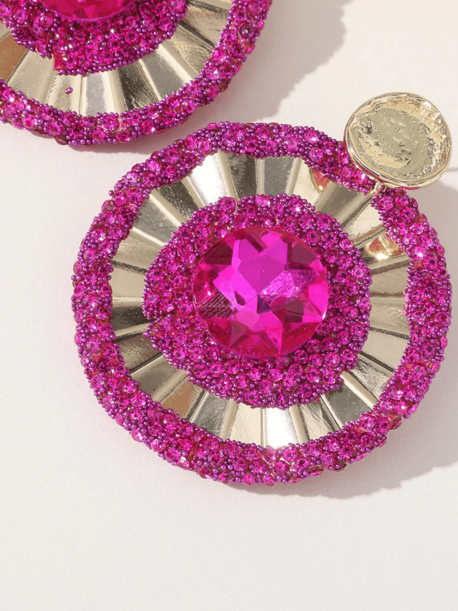 Fuchsia Flower Rhinestones Round Earrings - KissProm