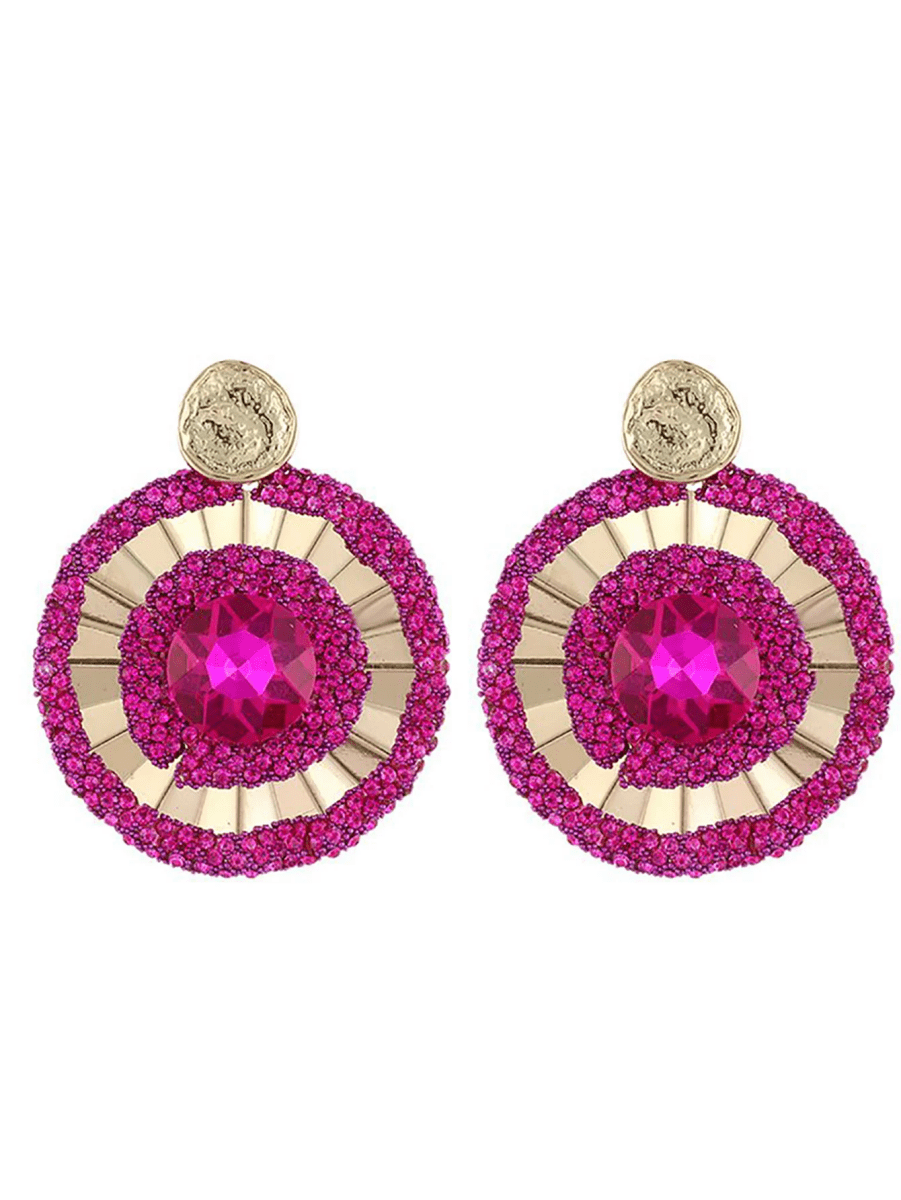 Fuchsia Flower Rhinestones Round Earrings - KissProm