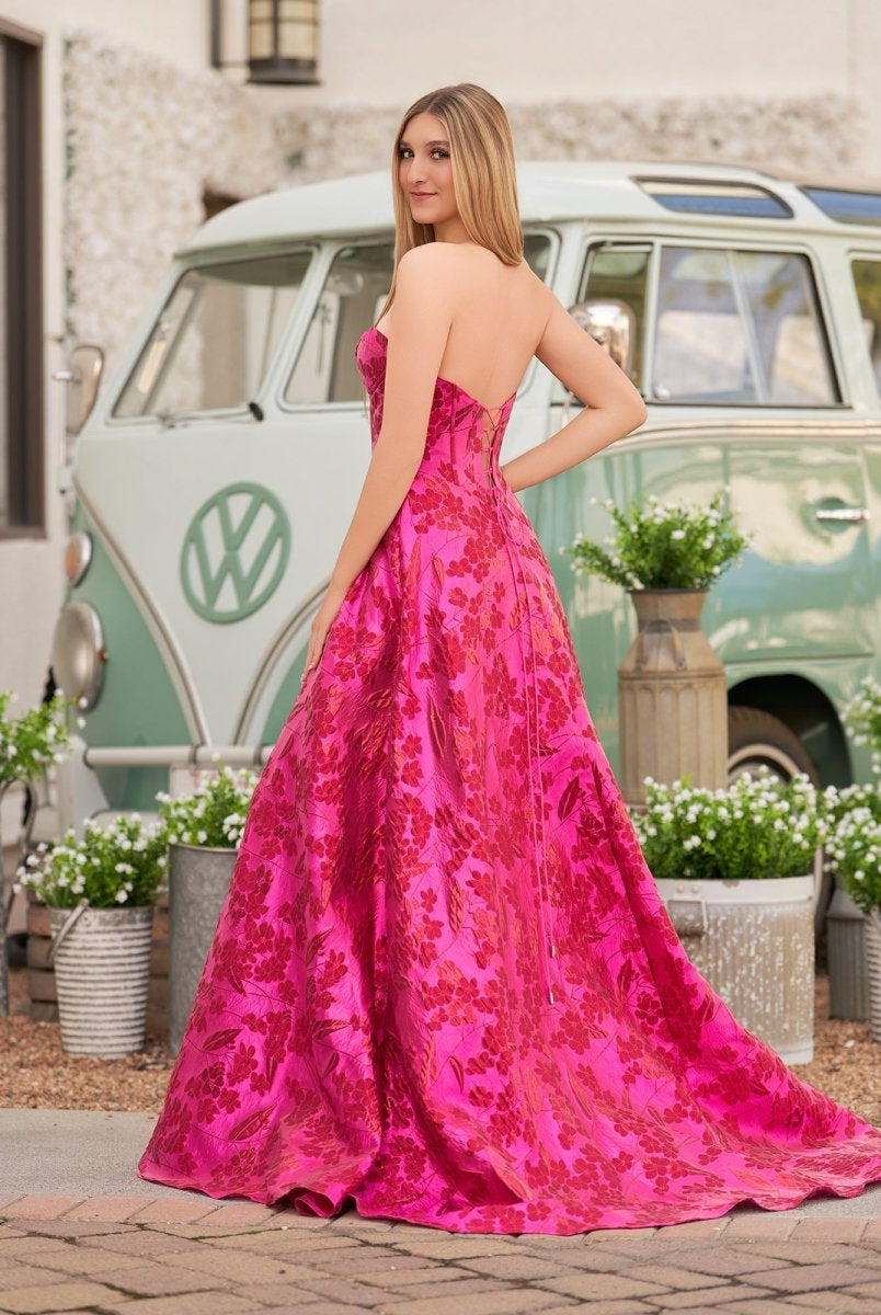 Urse | Stylish A Line Sweetheart Fuchsia Jacquard Satin Prom Dress