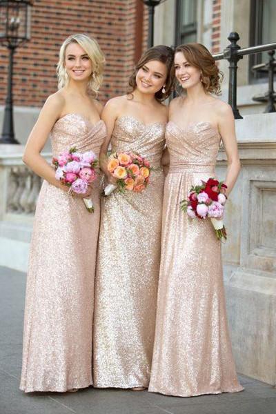 Gold Sequin Sweetheart Bridesmaid Dresses,Strapless Long Bridesmaid Dress - KissProm