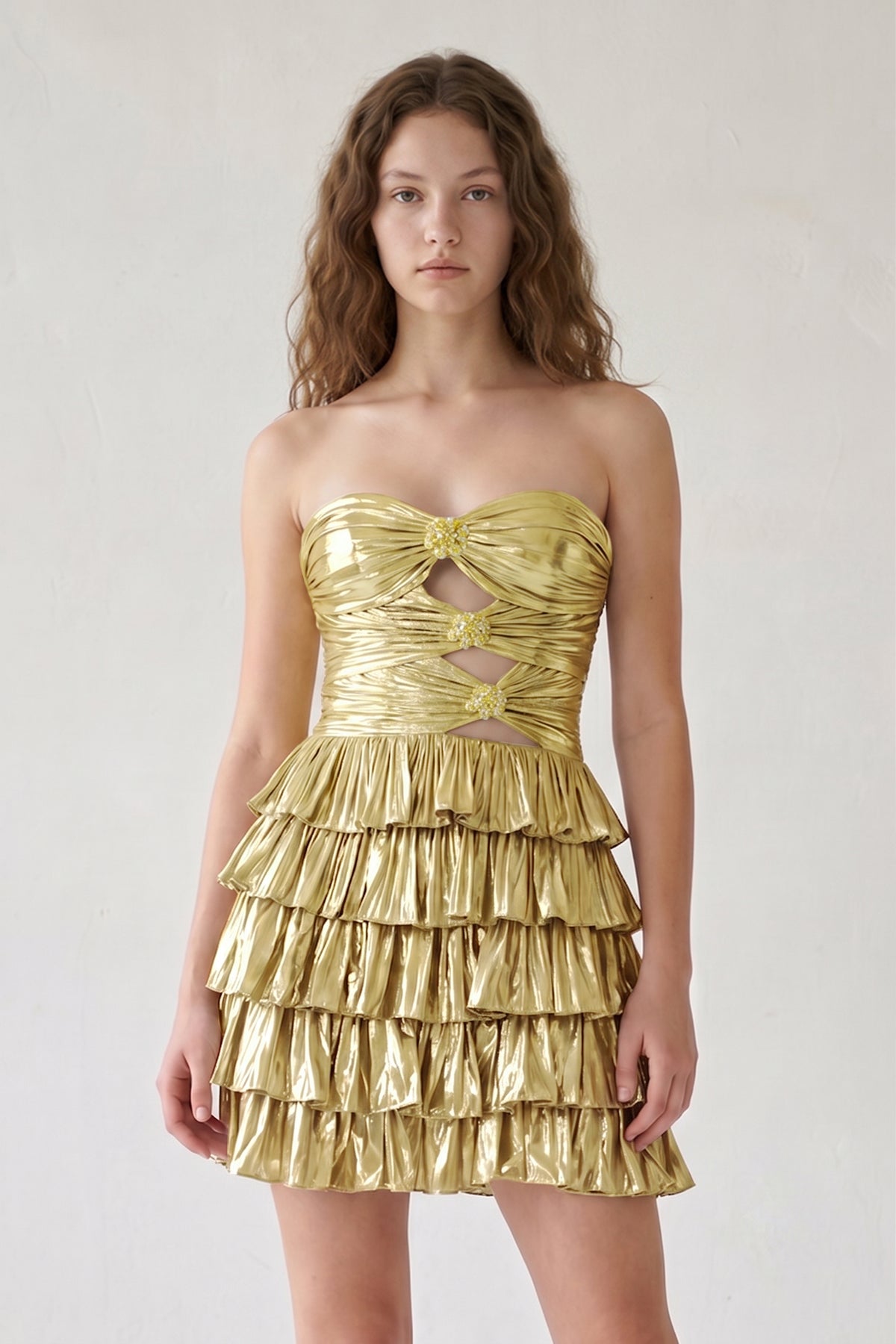 KissProm Gold Strapless A Line Metallic Tiered Homecoming Dress With Beading, Golden / 18
