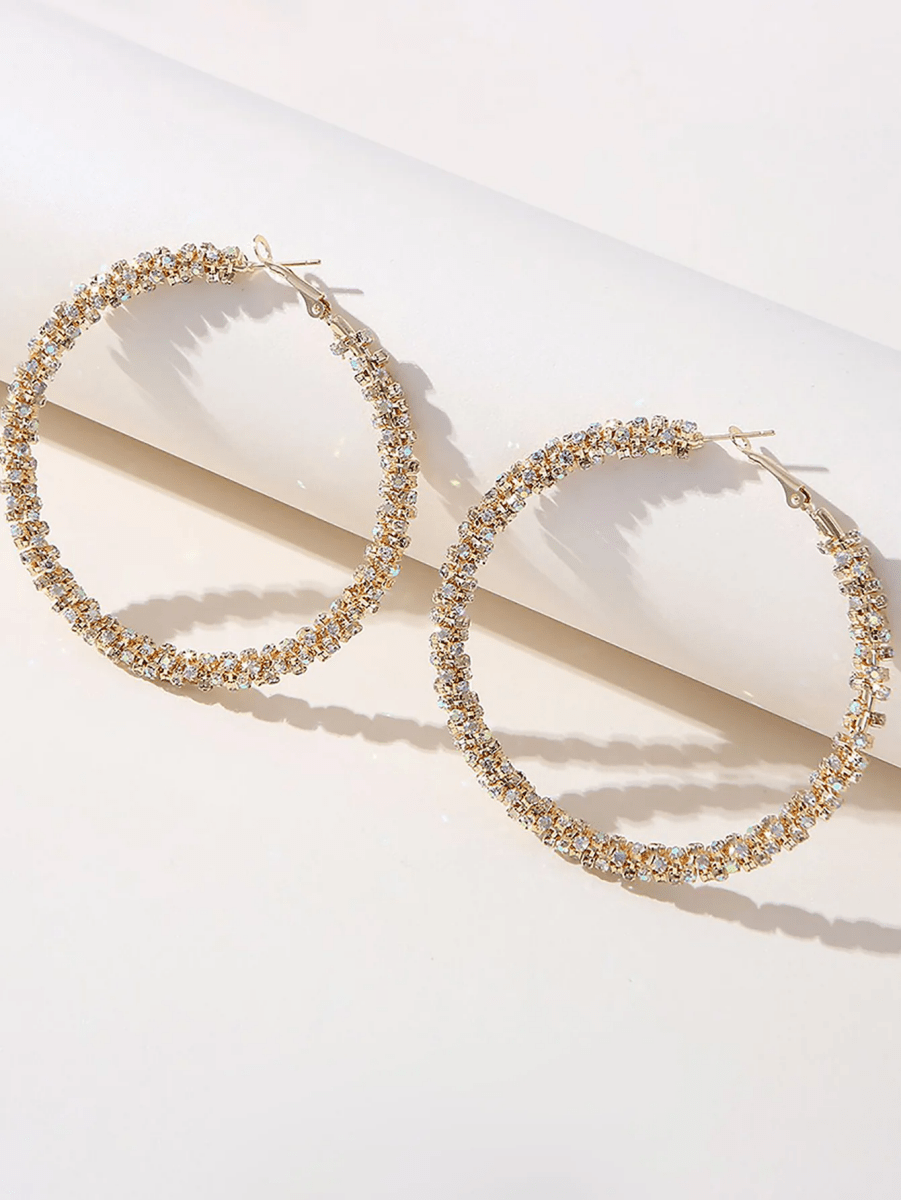Golden Rhinestones Simple Hoop Earrings - KissProm
