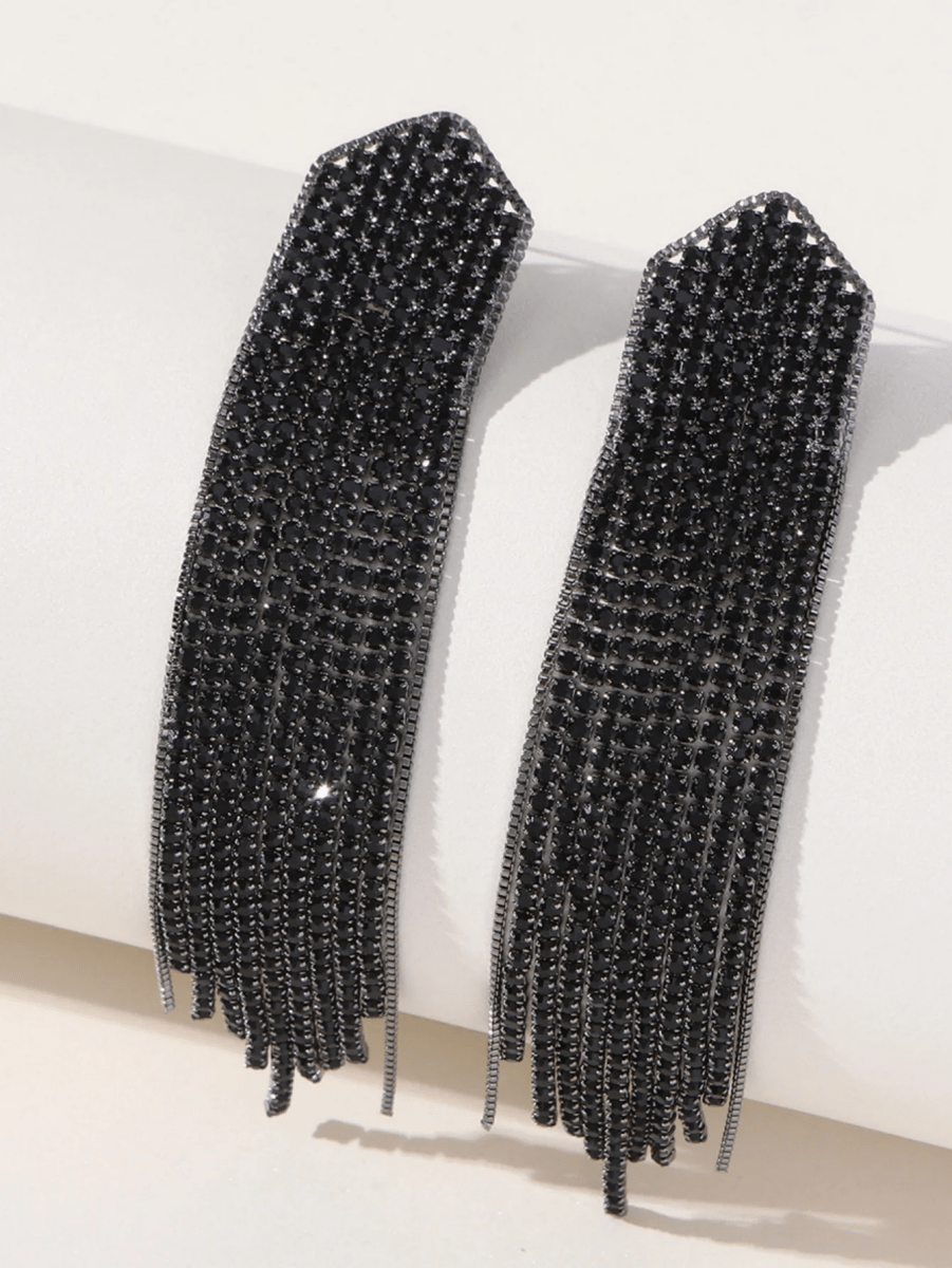 Golden Simple Rhinestones Tassel Long Earrings - KissProm