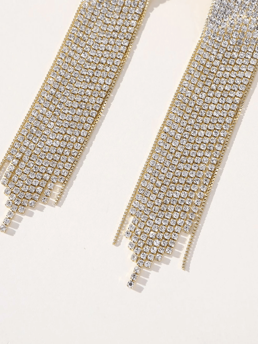 Golden Simple Rhinestones Tassel Long Earrings - KissProm