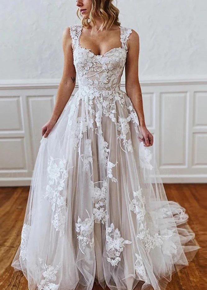 A-Line Straps Sweetheart Wedding Dress with Lace Appliques, White-Nude / 14 A-Line Straps Sweetheart Wedding Dress with Lace Appliques, White-Nude / 14