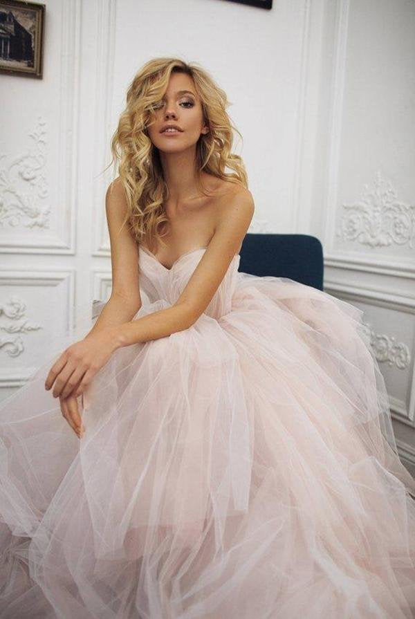 Strapless Sweetheart Backless A Line Strapless Tulle Long Wedding Dresses
