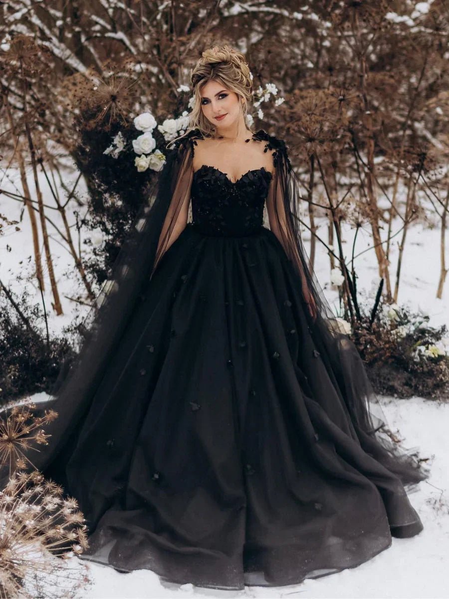 Fabiana A Line Black Gothic Wedding Dress 3D Flowers Tulle With Cape KissProm