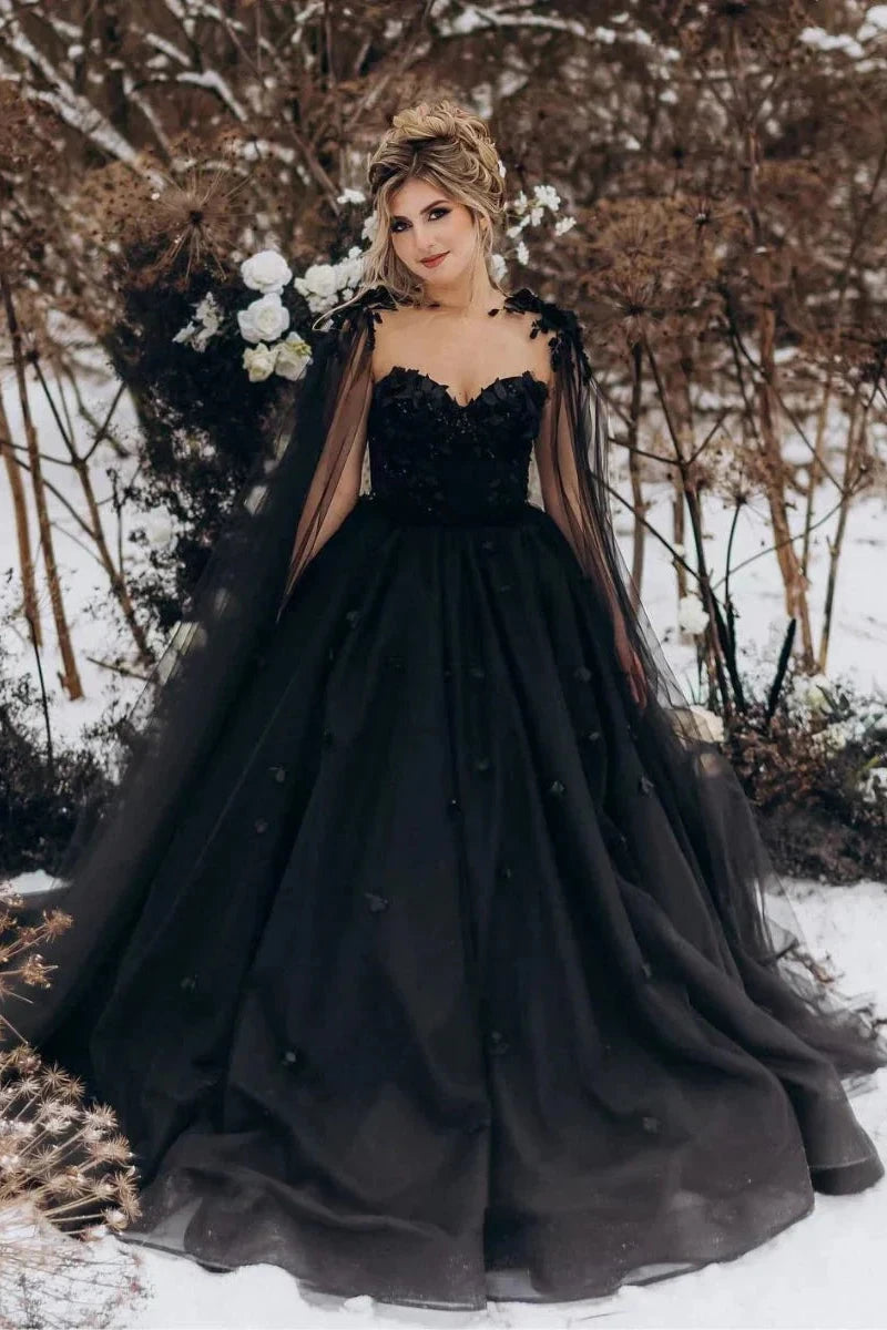 A-Line Black Gothic Wedding Dress 3D Flowers Tulle with Cape, Black / 14 A-Line Black Gothic Wedding Dress 3D Flowers Tulle with Cape, Black / 14
