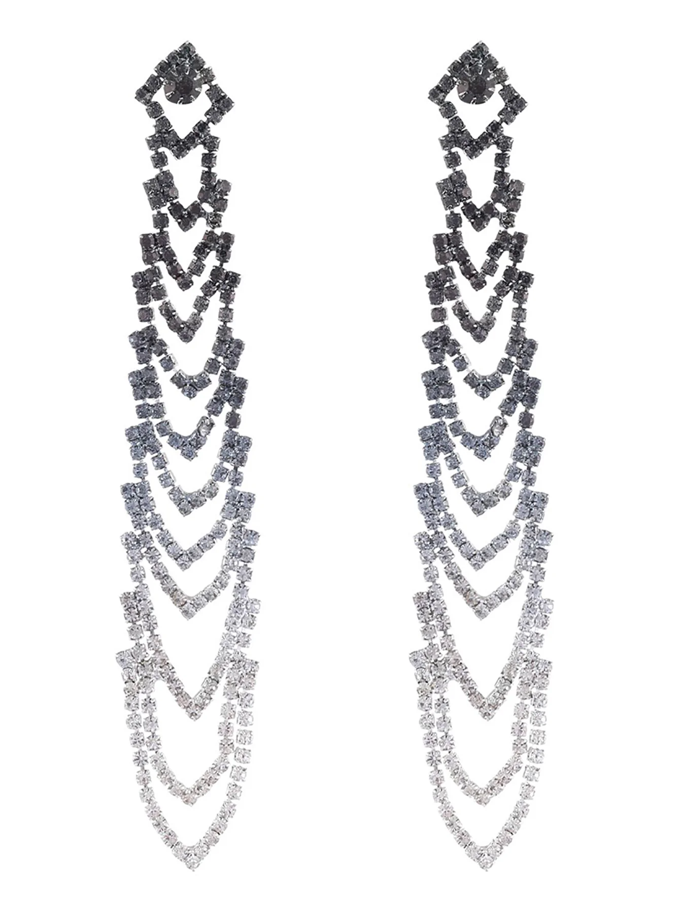 Gray Gradient Rhinestones Tassel Long Chain Earrings