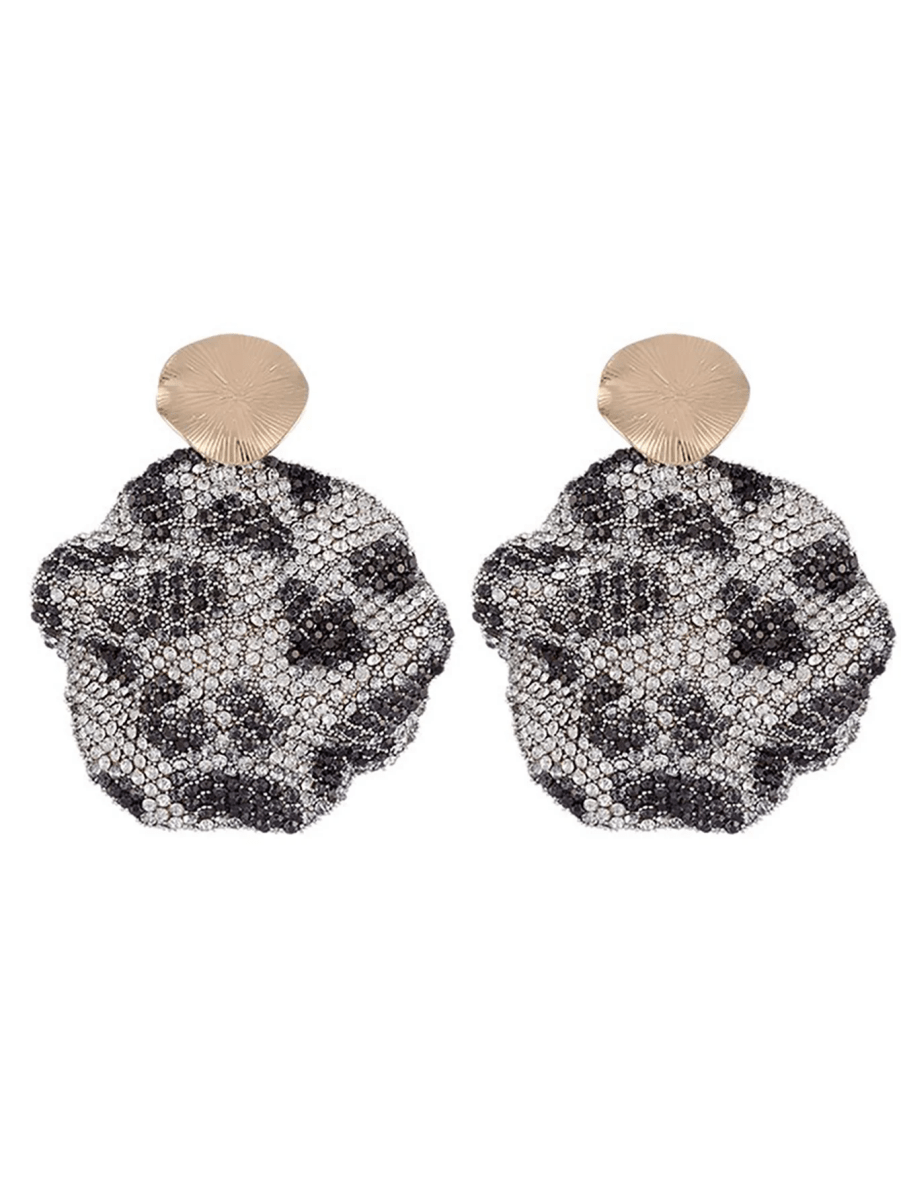 Gray Leopard Print Rhinestones Round Earrings - KissProm