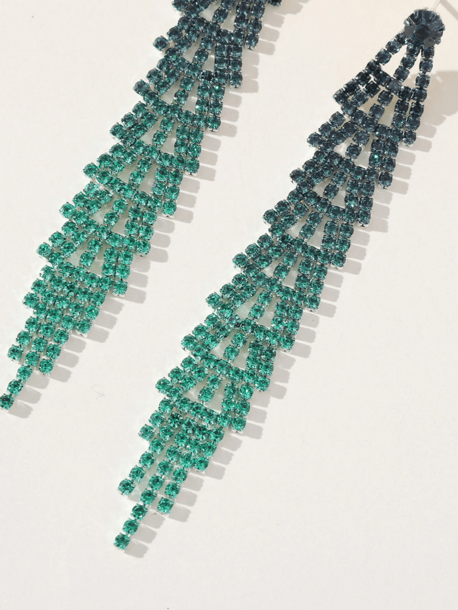 Green Gradient Rhinestones Tassel Long Chain Earrings - KissProm