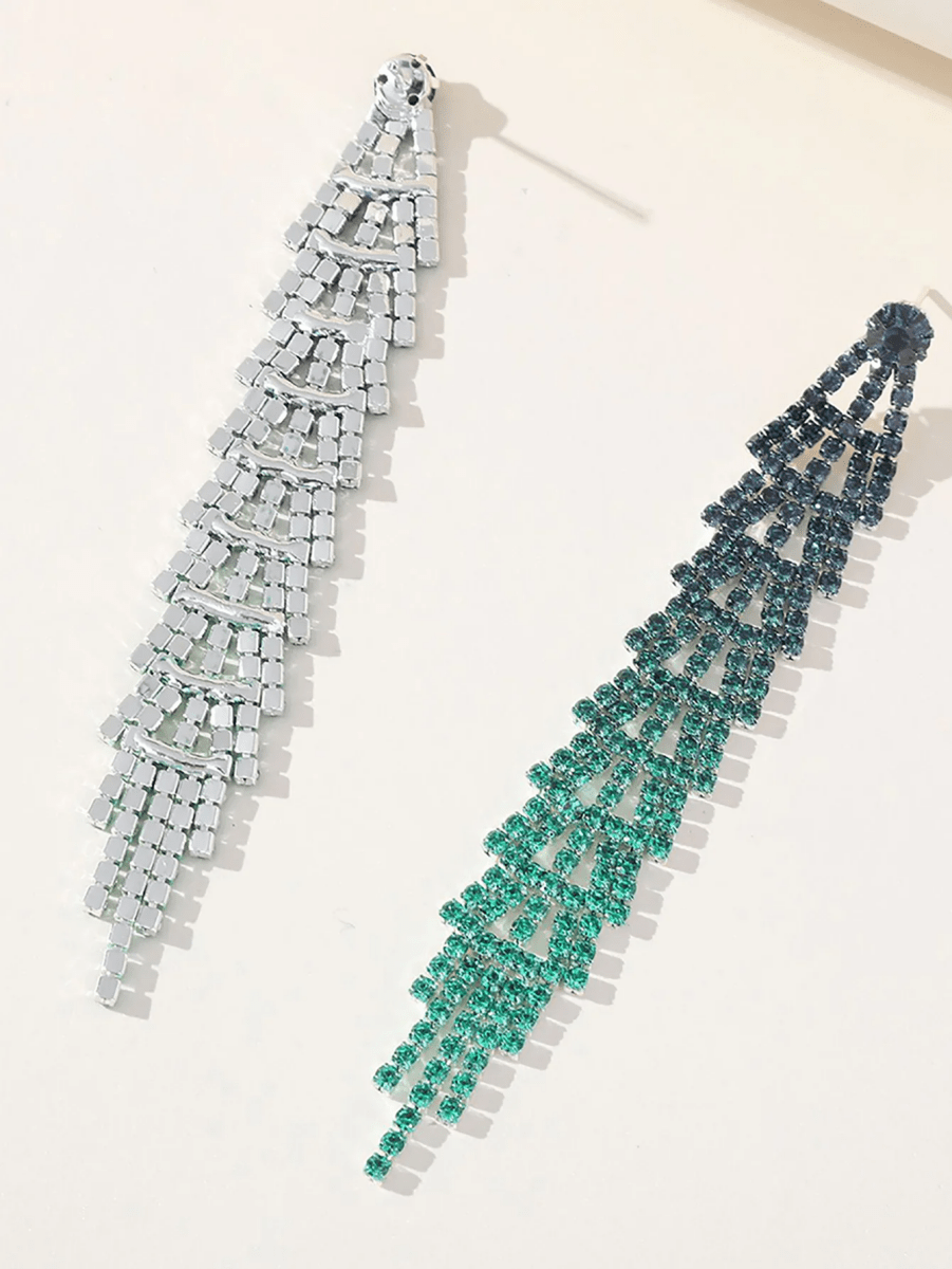 Green Gradient Rhinestones Tassel Long Chain Earrings - KissProm