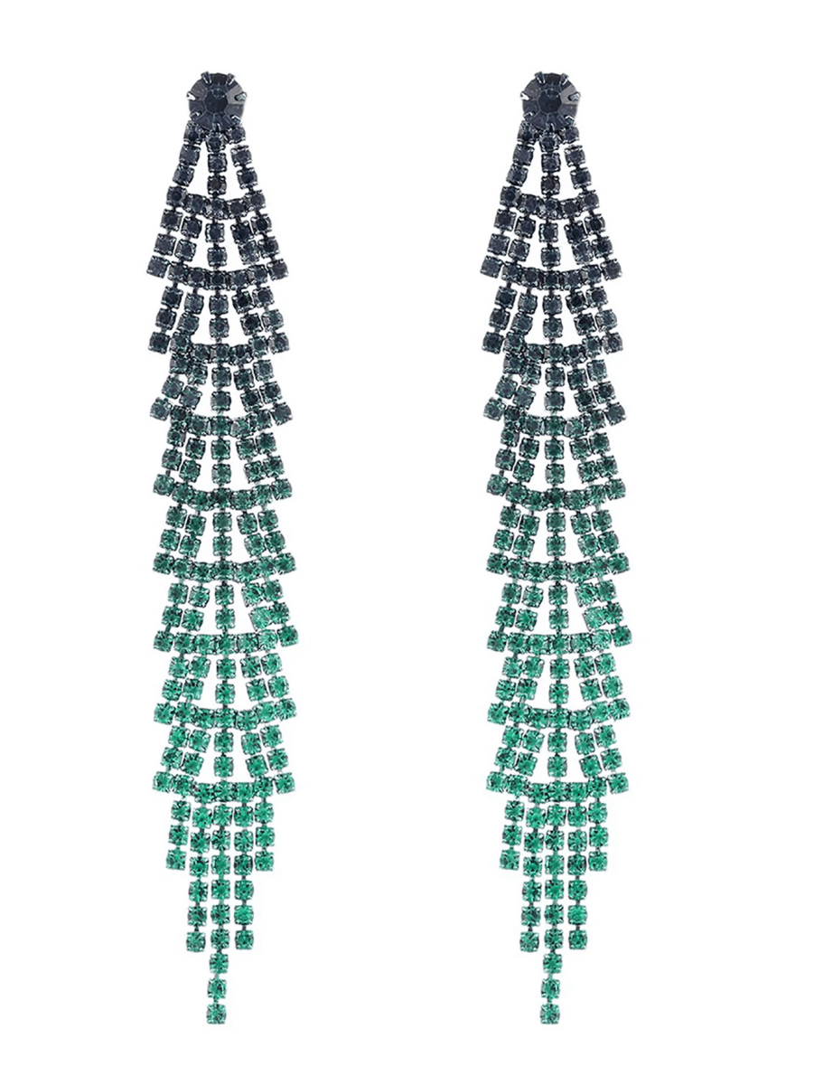 Green Gradient Rhinestones Tassel Long Chain Earrings - KissProm