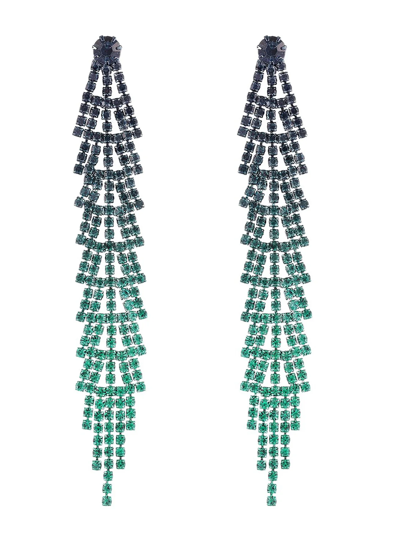Green Gradient Rhinestones Tassel Long Chain Earrings