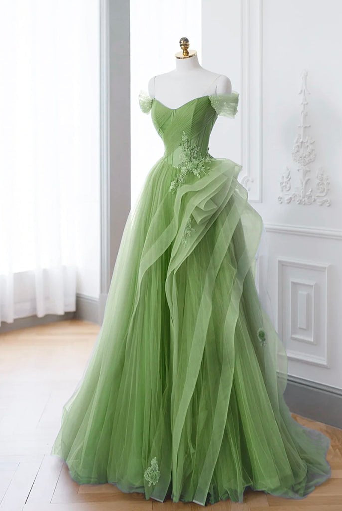Saflor | Green A-Line Off Shoulder Long Prom Dress Lace Long Evening Dress