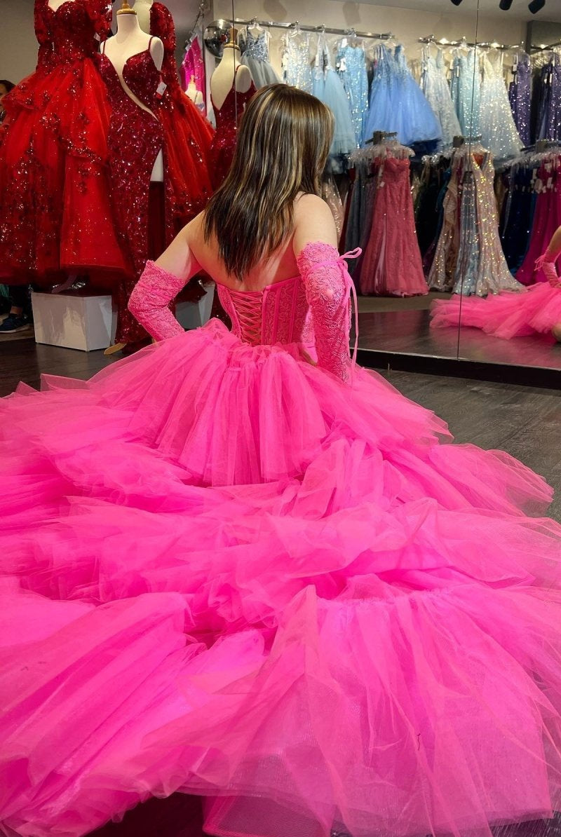 Sue | Hot Pink Off - Shoulder A - line Tulle Layers Applique Hi - Low Prom Dress - KissProm