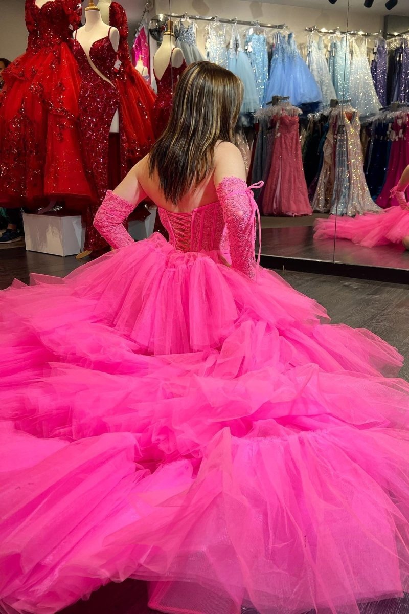 Sue | Hot Pink Off - Shoulder A - line Tulle Layers Applique Hi - Low Prom Dress - KissProm