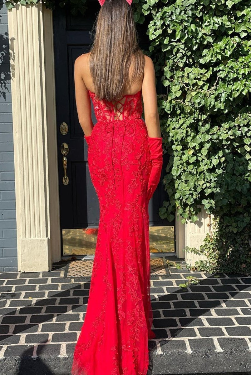 Pink Mermaid Sweetheart Neck Lace Long Prom Dress With Appliques - KissProm