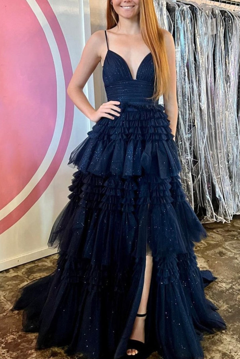 Amanda | Tulle Deep V Neck Spaghetti Straps Long Prom Dress