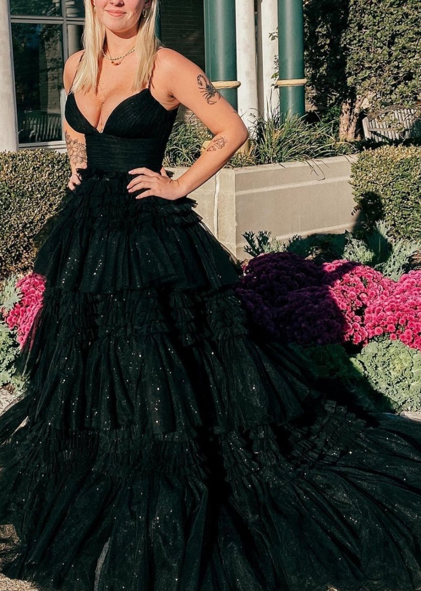 Amanda | Tulle Deep V Neck Spaghetti Straps Long Prom Dress