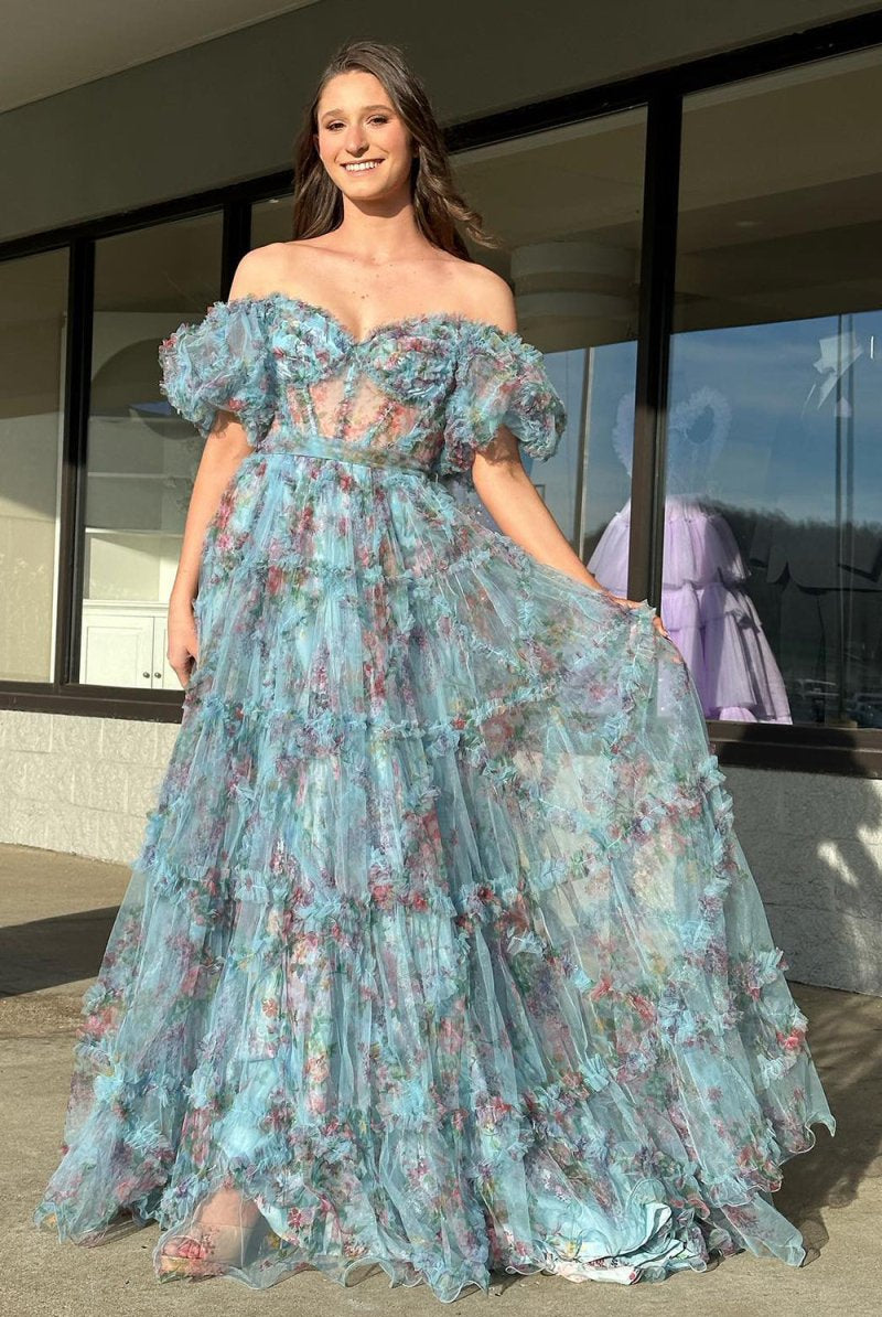 Sydney |A Line Sweetheart Printed Tulle Long Prom Dress