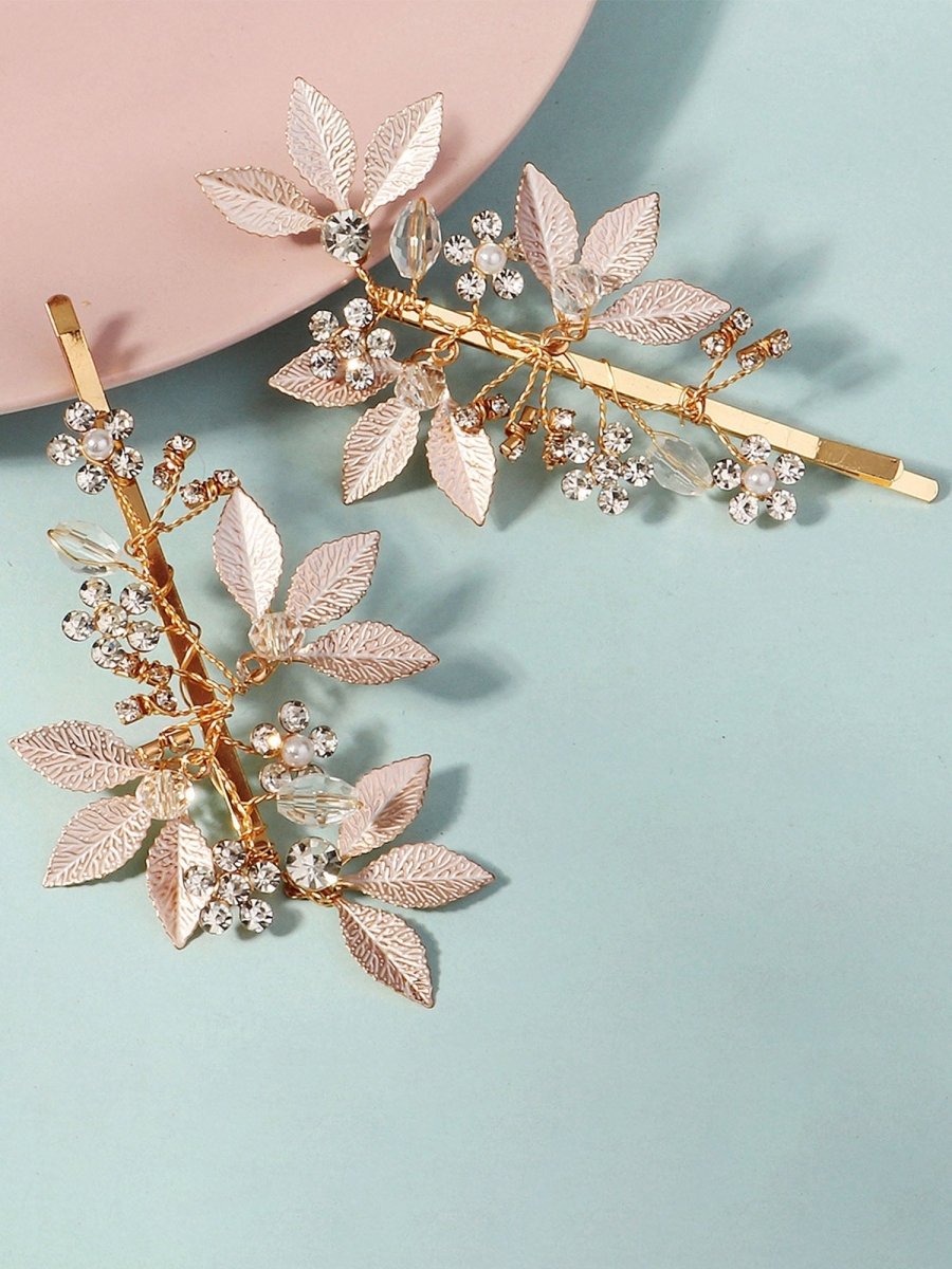 Alloy Diamond - Inlaid Golden Leaf Hair Clip - KissProm