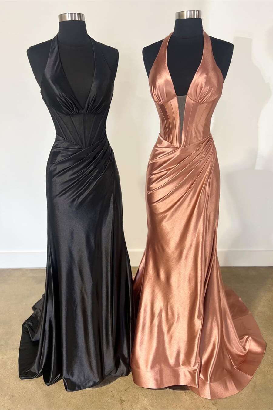 Josie | Navy Halter Corset Mermaid Plunging Deep V-neck Ruched Long Formal Dress with Slit