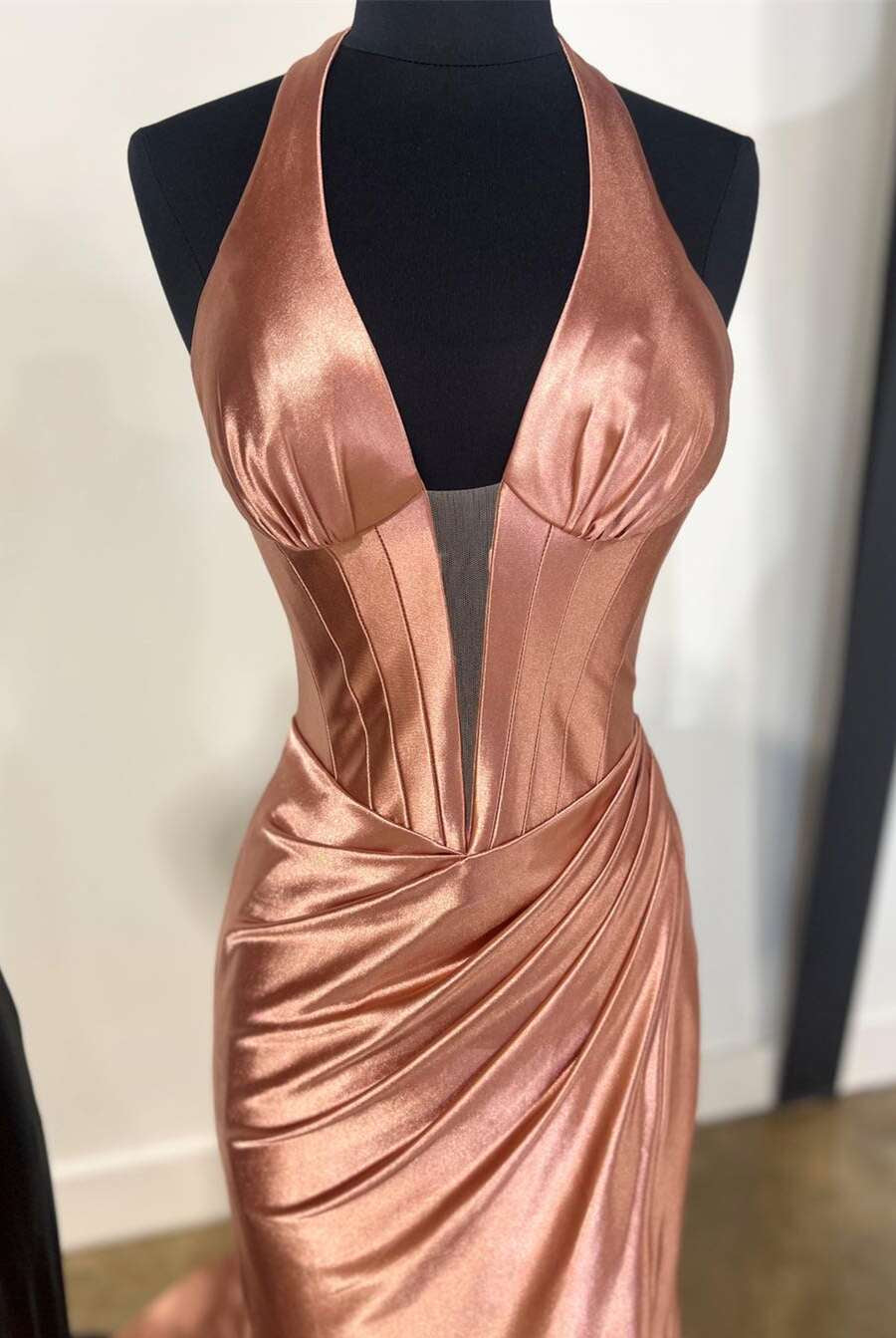 Josie | Navy Halter Corset Mermaid Plunging Deep V-neck Ruched Long Formal Dress with Slit