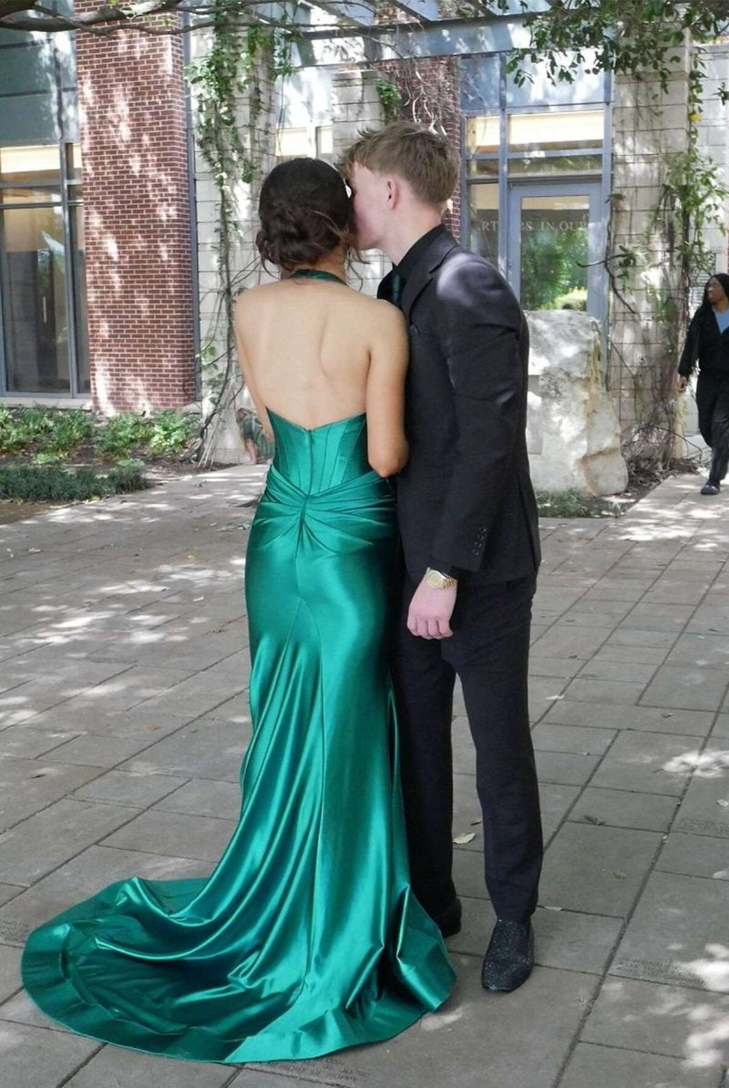 Josie | Navy Halter Corset Mermaid Plunging Deep V-neck Ruched Long Formal Dress with Slit