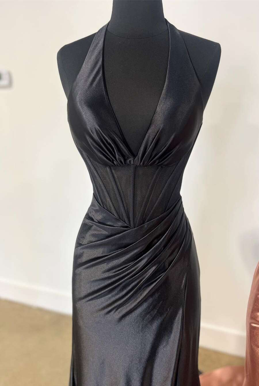 Josie | Navy Halter Corset Mermaid Plunging Deep V-neck Ruched Long Formal Dress with Slit