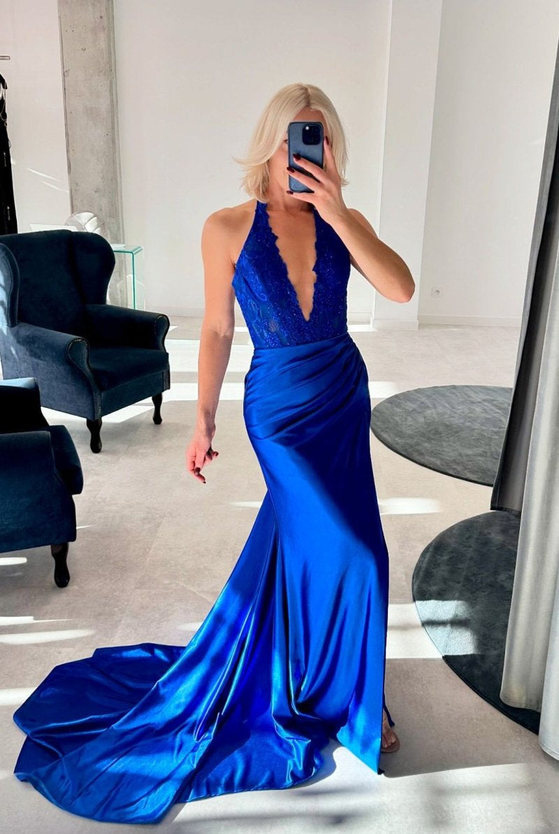 Nerute | Fuchsia Lace Applique Satin High Slit Mermaid Prom Dress - KissProm