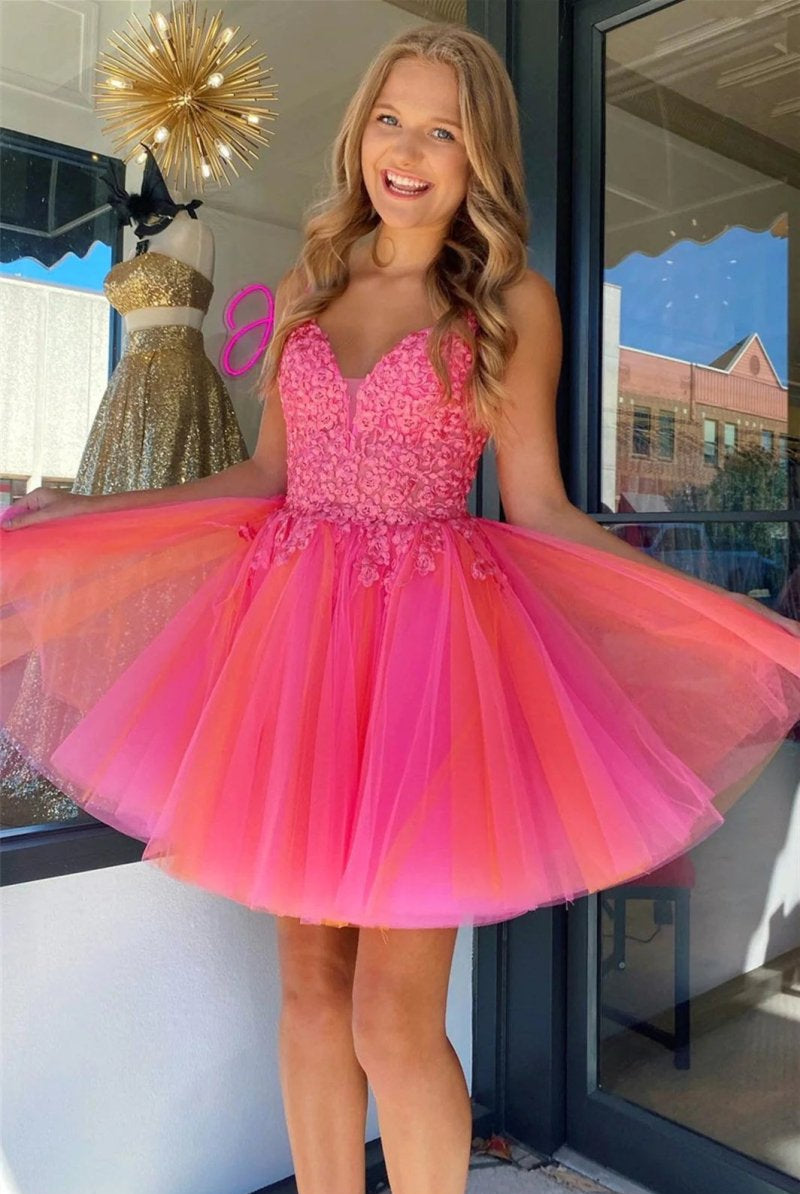 Ensley | Hot Pink V Neck Straps Appliques Tulle Homecoming Dress - KissProm
