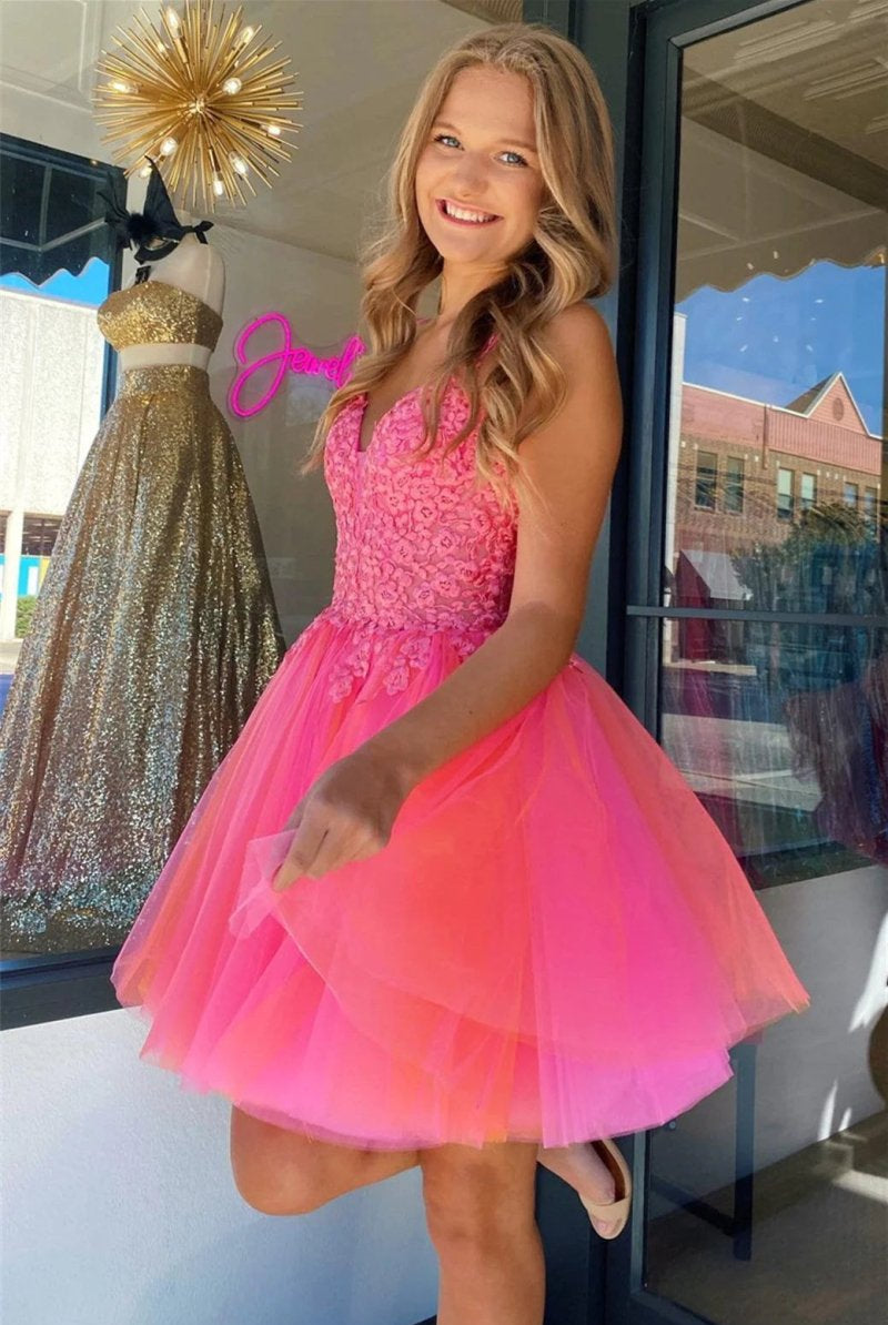Ensley | Hot Pink V Neck Straps Appliques Tulle Homecoming Dress - KissProm