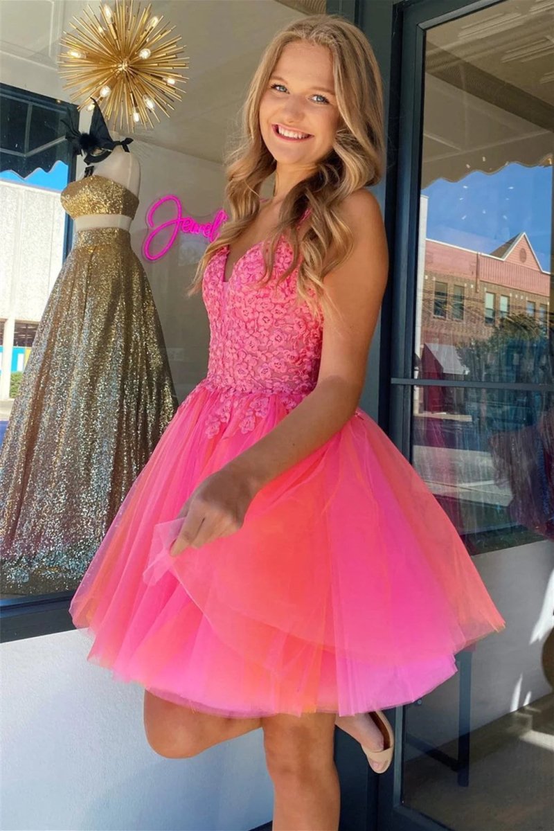 Ensley | Hot Pink V Neck Straps Appliques Tulle Homecoming Dress - KissProm