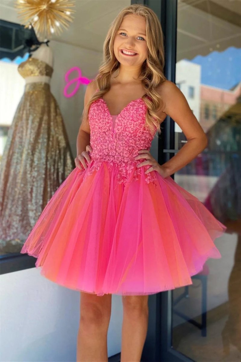 Ensley | Hot Pink V Neck Straps Appliques Tulle Homecoming Dress - KissProm