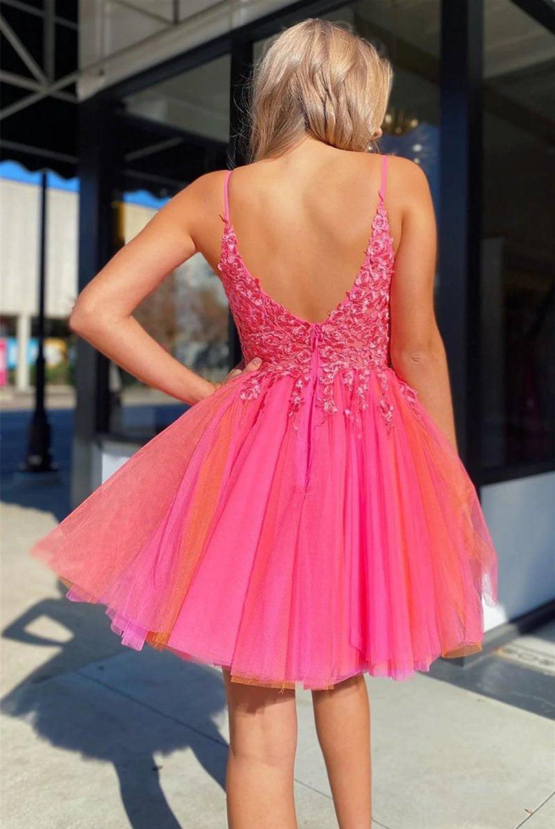Ensley | Hot Pink V Neck Straps Appliques Tulle Homecoming Dress - KissProm