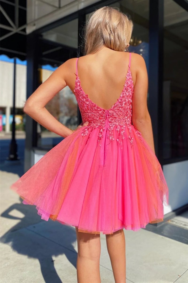 Ensley | Hot Pink V Neck Straps Appliques Tulle Homecoming Dress - KissProm