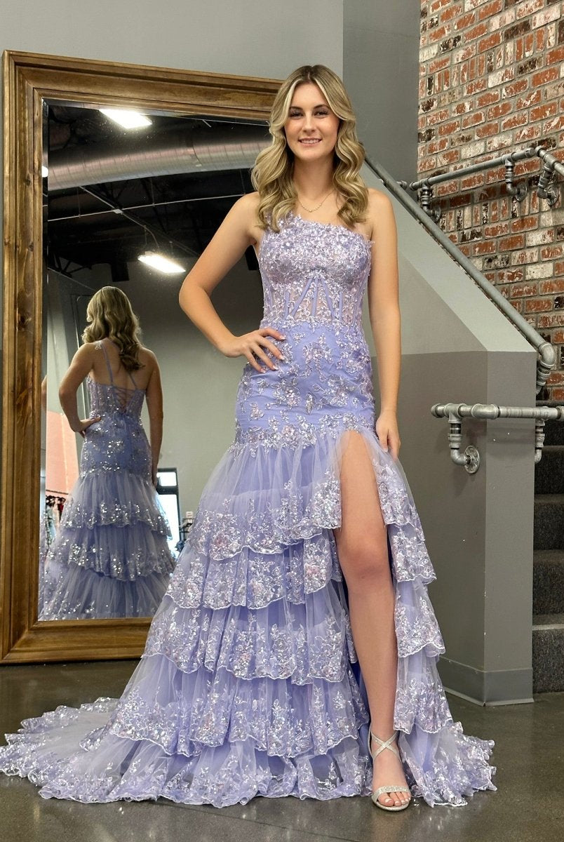 Andrea |Sheath One Shoulder Tiered Lace Long Prom Dress