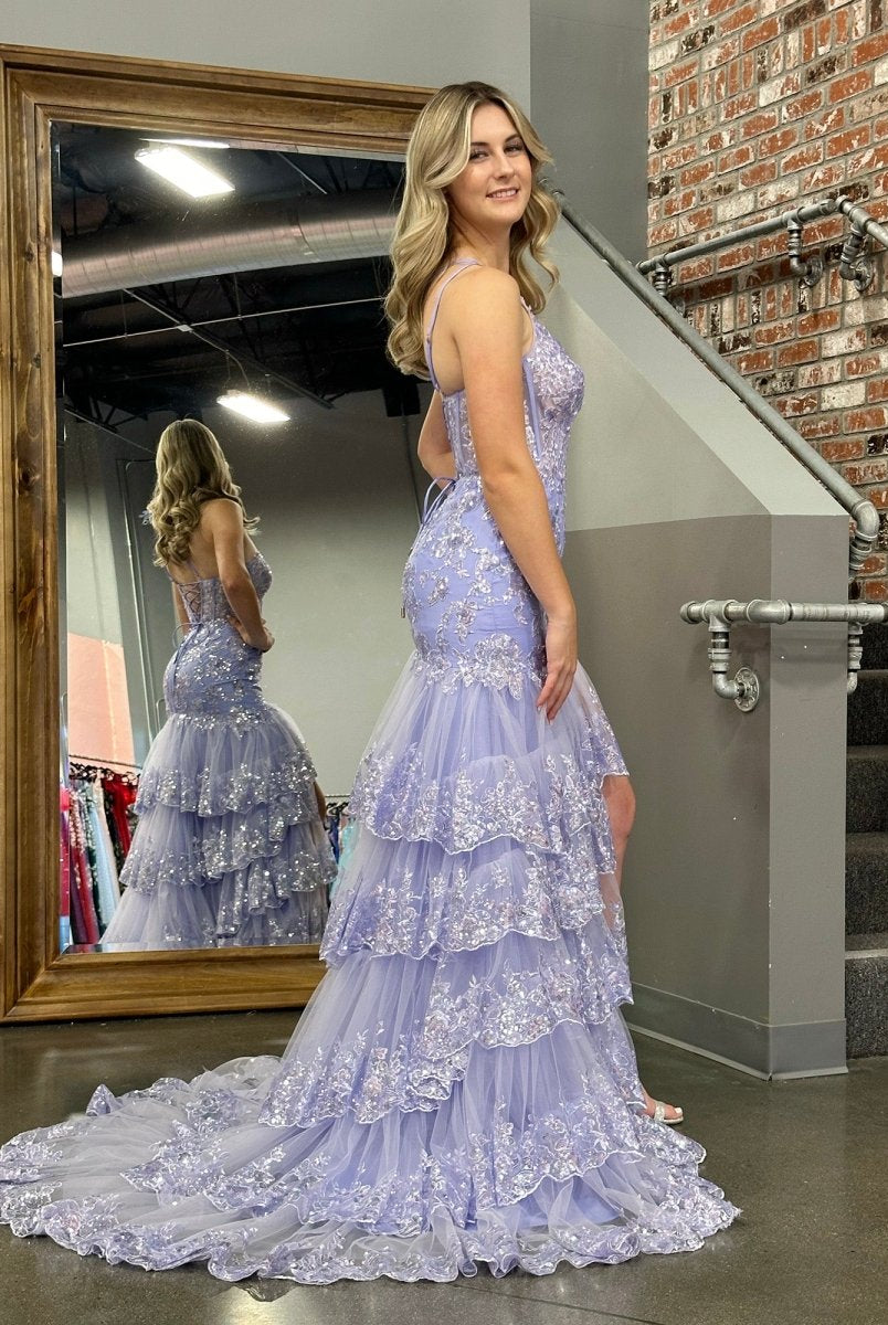 Andrea |Sheath One Shoulder Tiered Lace Long Prom Dress