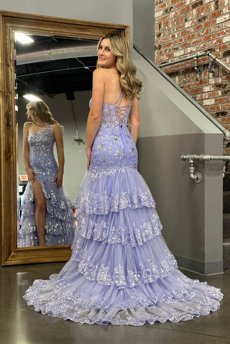 Andrea |Sheath One Shoulder Tiered Lace Long Prom Dress