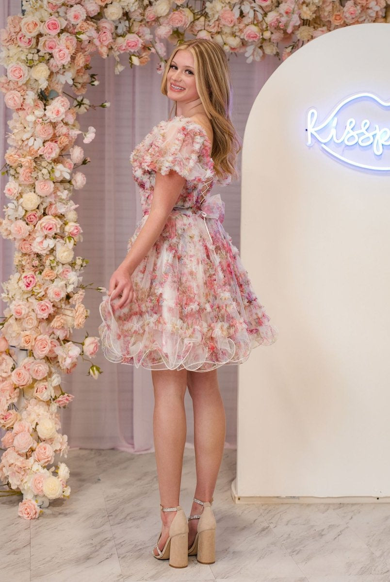 Ivana | Ivory A Line Off the Shoulder Printed Homecoming Dress