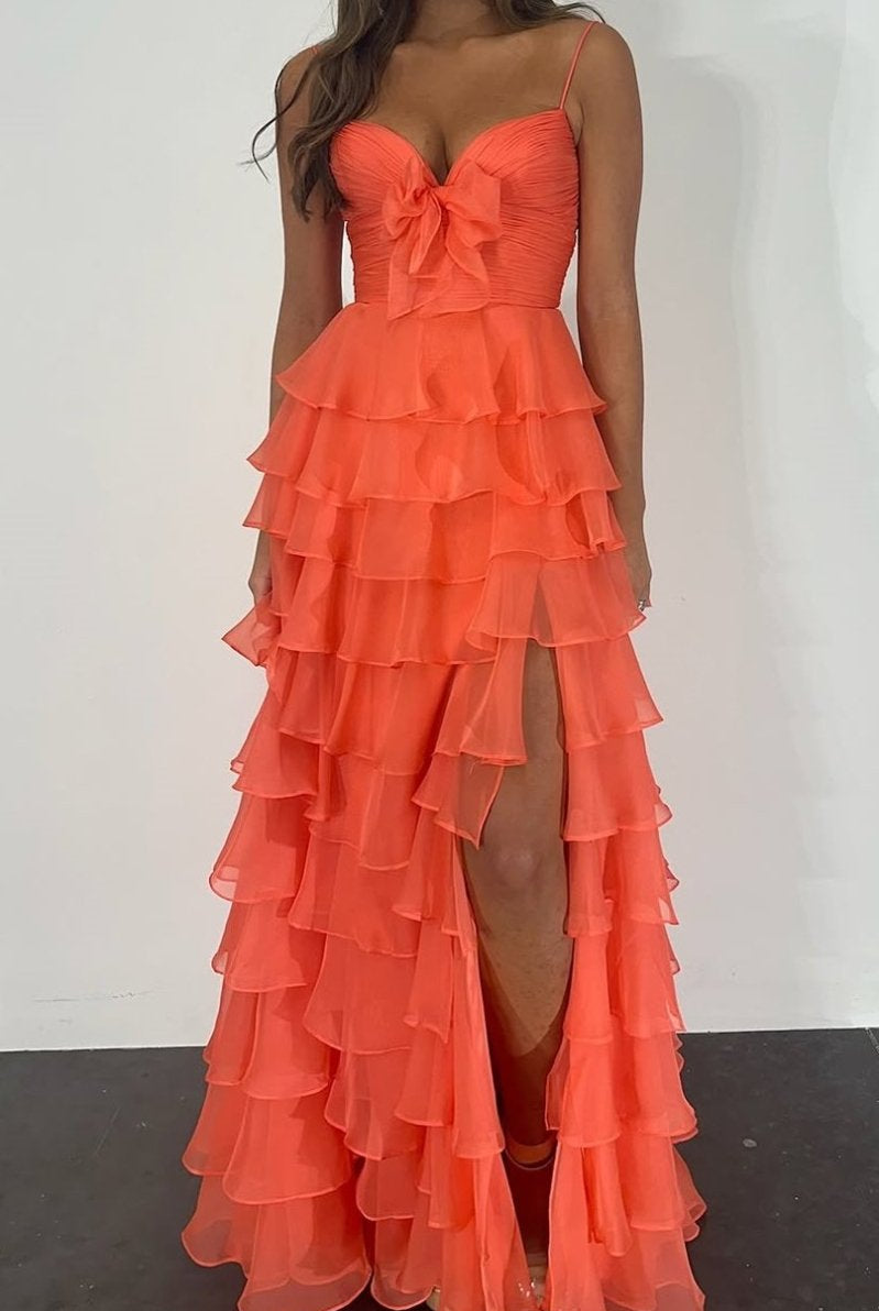 Jensyn | A Line Spaghetti Straps Yellow Long Prom Dress with Ruffles