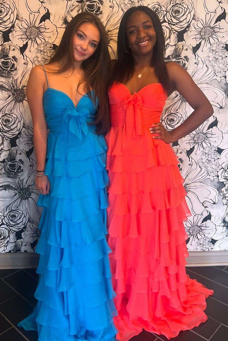 Jensyn | A Line Spaghetti Straps Yellow Long Prom Dress with Ruffles