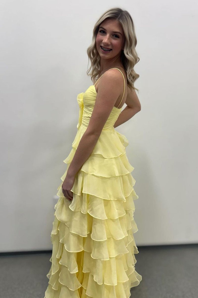 Jensyn | A Line Spaghetti Straps Yellow Long Prom Dress with Ruffles