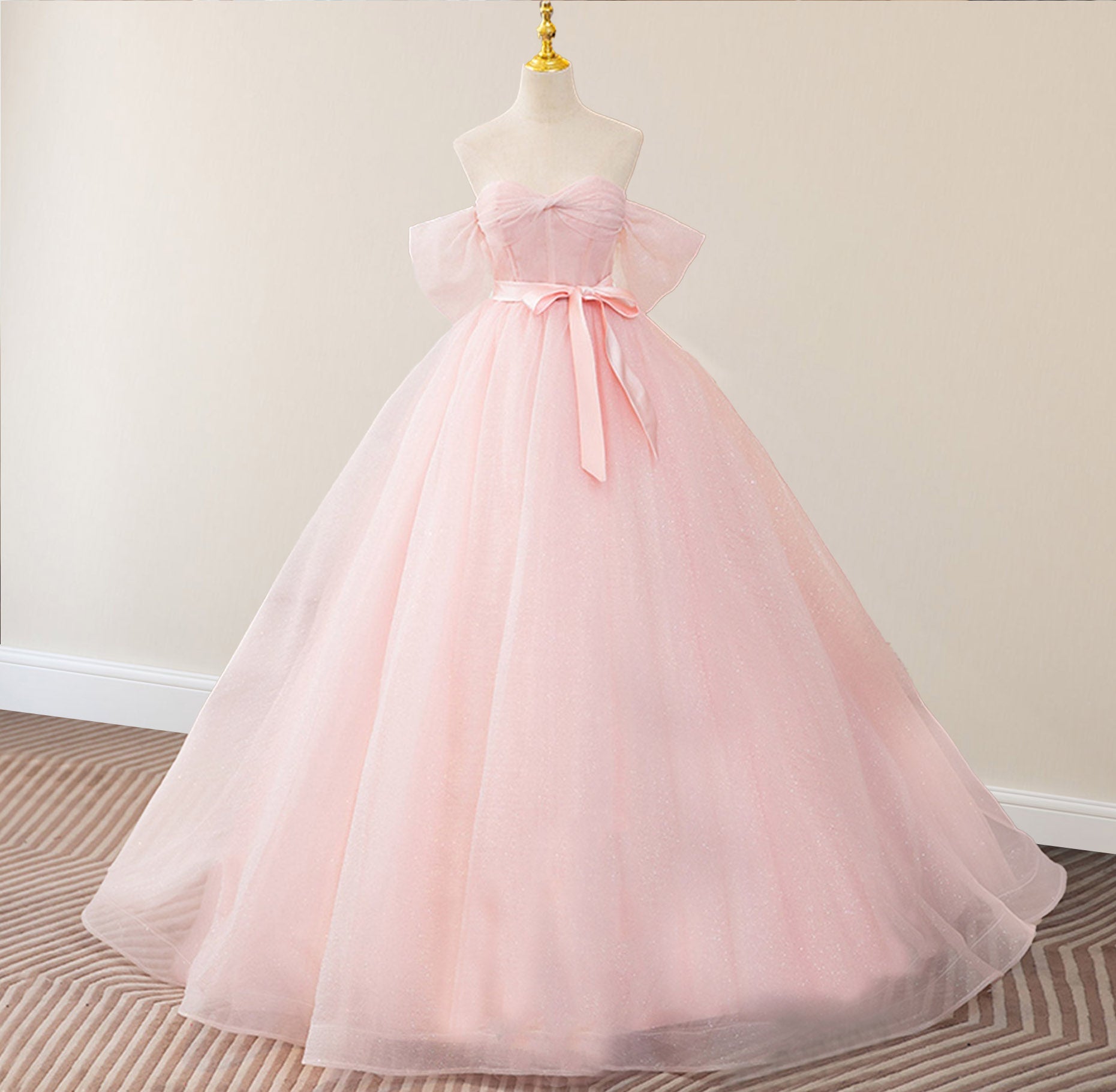Junoesque Pink Ball-Gown Tulle Sweetheart Floor-Length Wedding Dress with Sashes