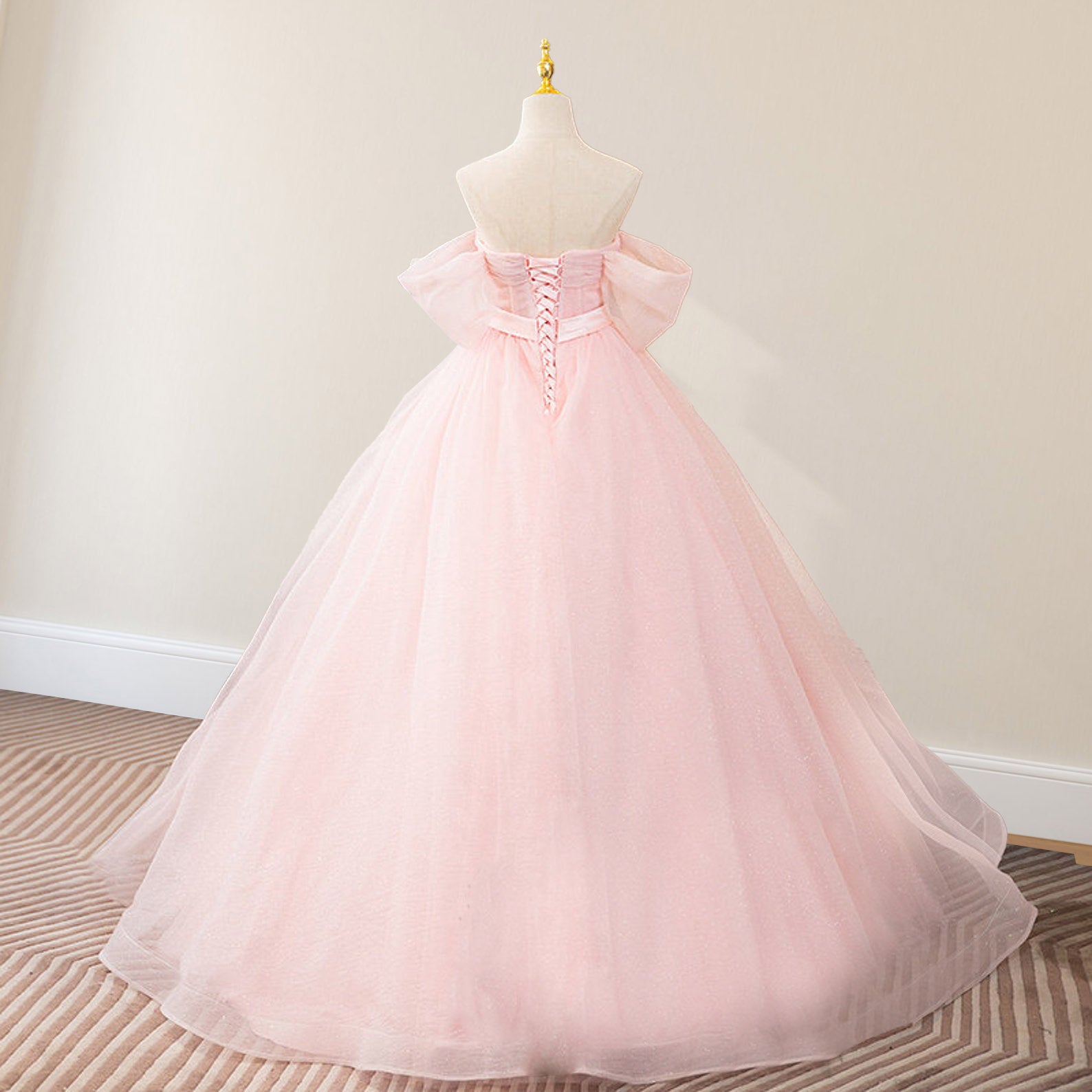 Junoesque Pink Ball-Gown Tulle Sweetheart Floor-Length Wedding Dress with Sashes